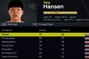 杨瀚森2K26部分能力值详情：综评能力值70，站扣75，中投&三分66