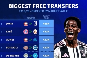 德转今夏免签球员身价排行：戴维与萨内居首，德布劳内&托马斯入选