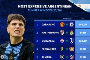 今夏阿根廷球员转会费排名：加纳乔位居榜首，领先马斯坦托诺，阿尔马达亦在榜上。
