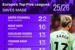 本赛季五大联赛扑救次数排名：埃斯坎德尔以22次扑救位列第一，维卡里奥排名第三。