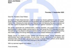 巴黎主席纳赛尔致信西足协，感谢西班牙队放法比安提前归队