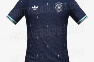 德国队2026世界杯客场球衣发布：深海军蓝为底，白色与薄荷色点缀细节。