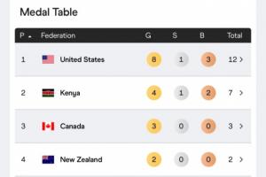 世锦赛奖牌榜：美国队8金1银3铜居首，中国队1银2铜位列第19，15支队伍瓜分28枚金牌。