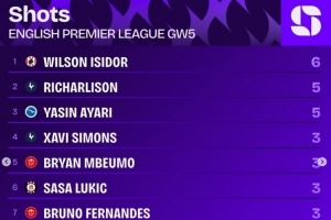 英超第5轮射门榜：伊西多6次居首，理查利森、亚辛-阿亚里5次第二