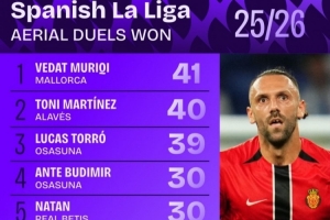 西甲争顶成功次数排行榜：赫伊森以21次位列第八。